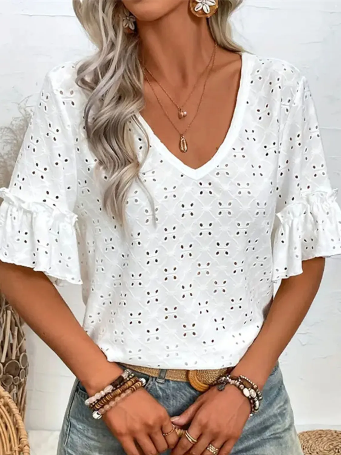 Eyelet V-Neck Half Sleeve Blouse - Image 5