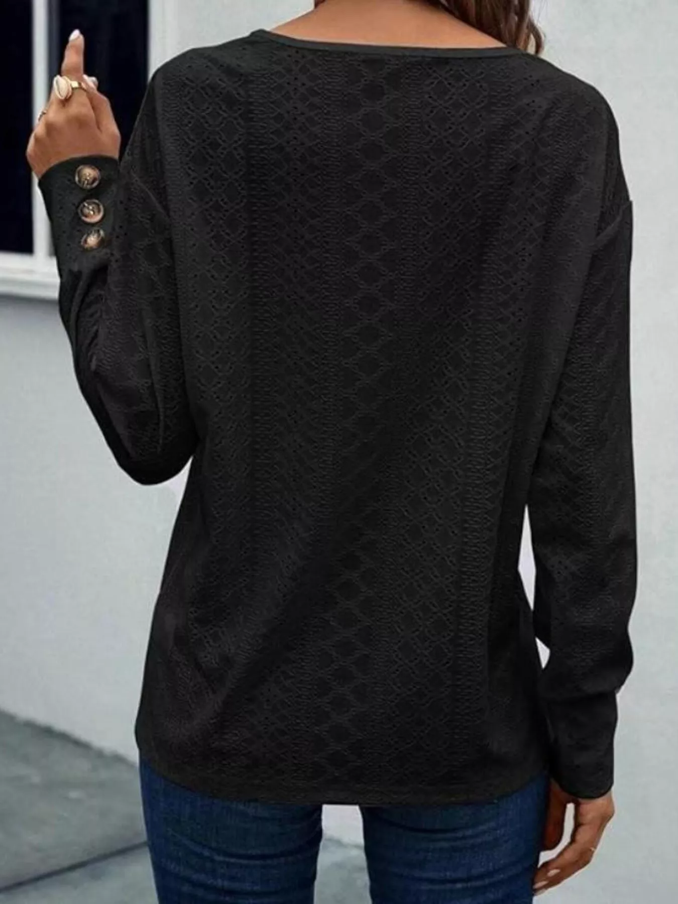 Eyelet V-Neck Long Sleeve Blouse - Image 20