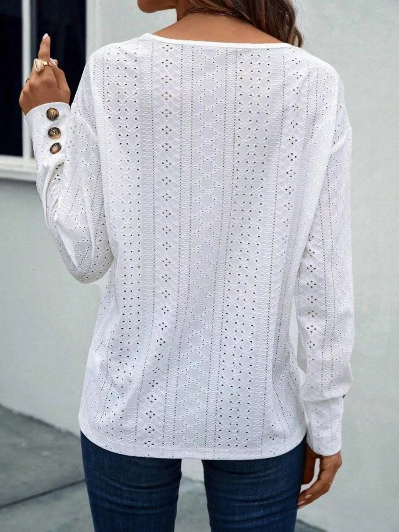 Eyelet V-Neck Long Sleeve Blouse - Image 5