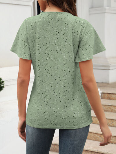 Eyelet V-Neck Short Sleeve Blouse - Image 11