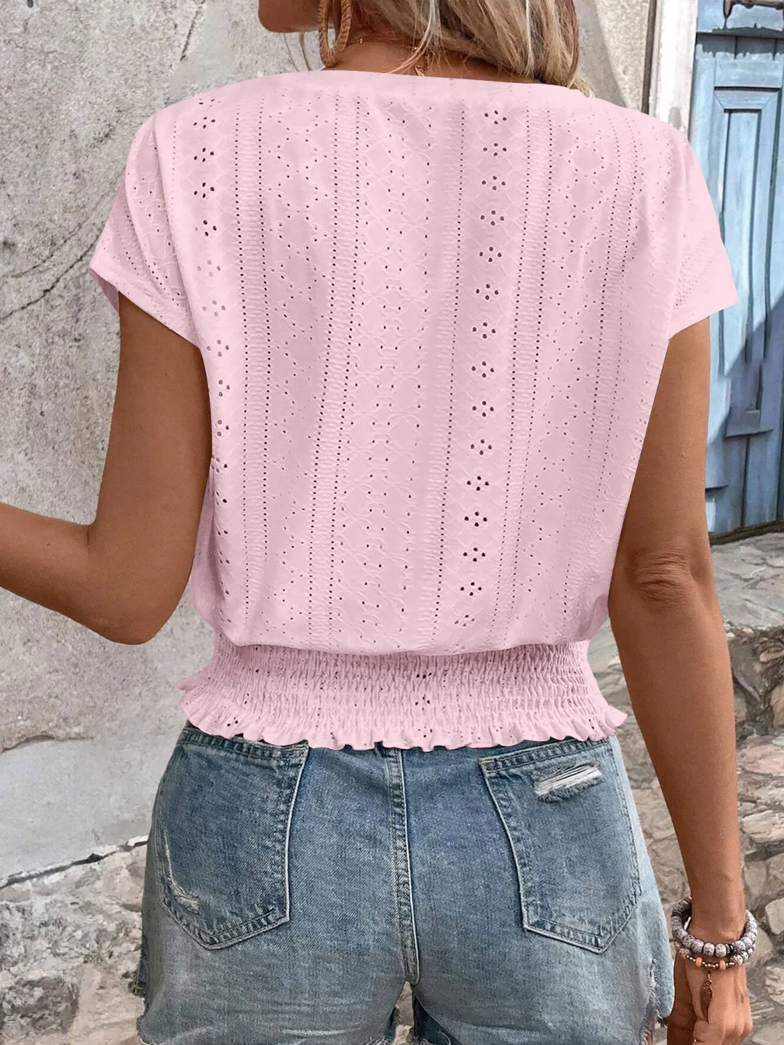 Eyelet V-Neck Short Sleeve Blouse - Image 8