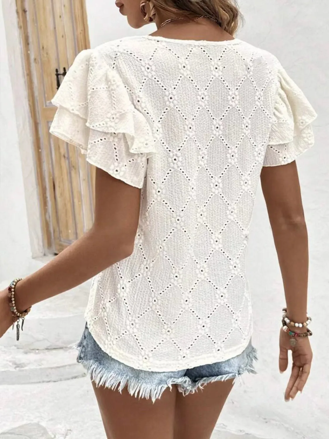 Eyelet V-Neck Short Sleeve Blouse - Image 4