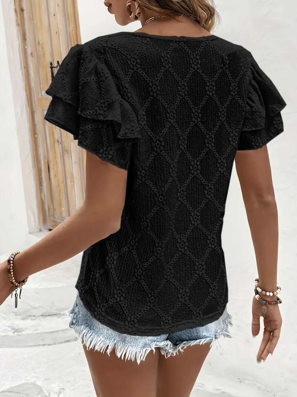 Eyelet V-Neck Short Sleeve Blouse - Image 9