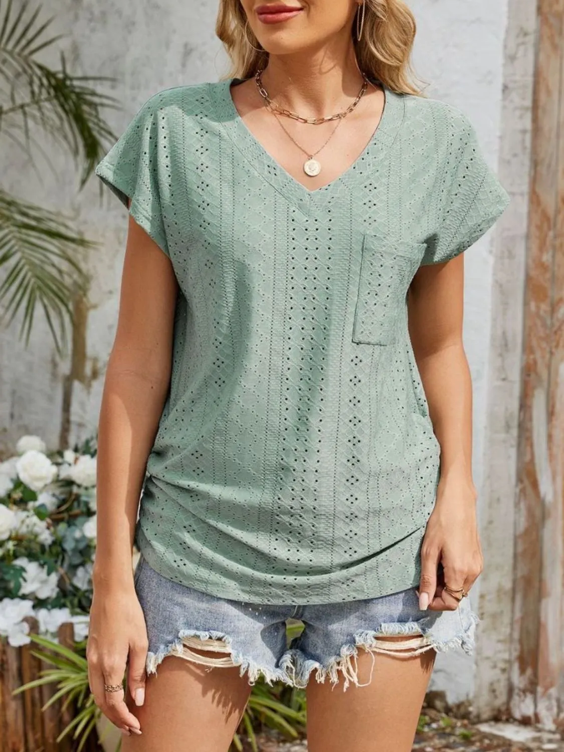 Eyelet V-Neck Short Sleeve Top - Image 10