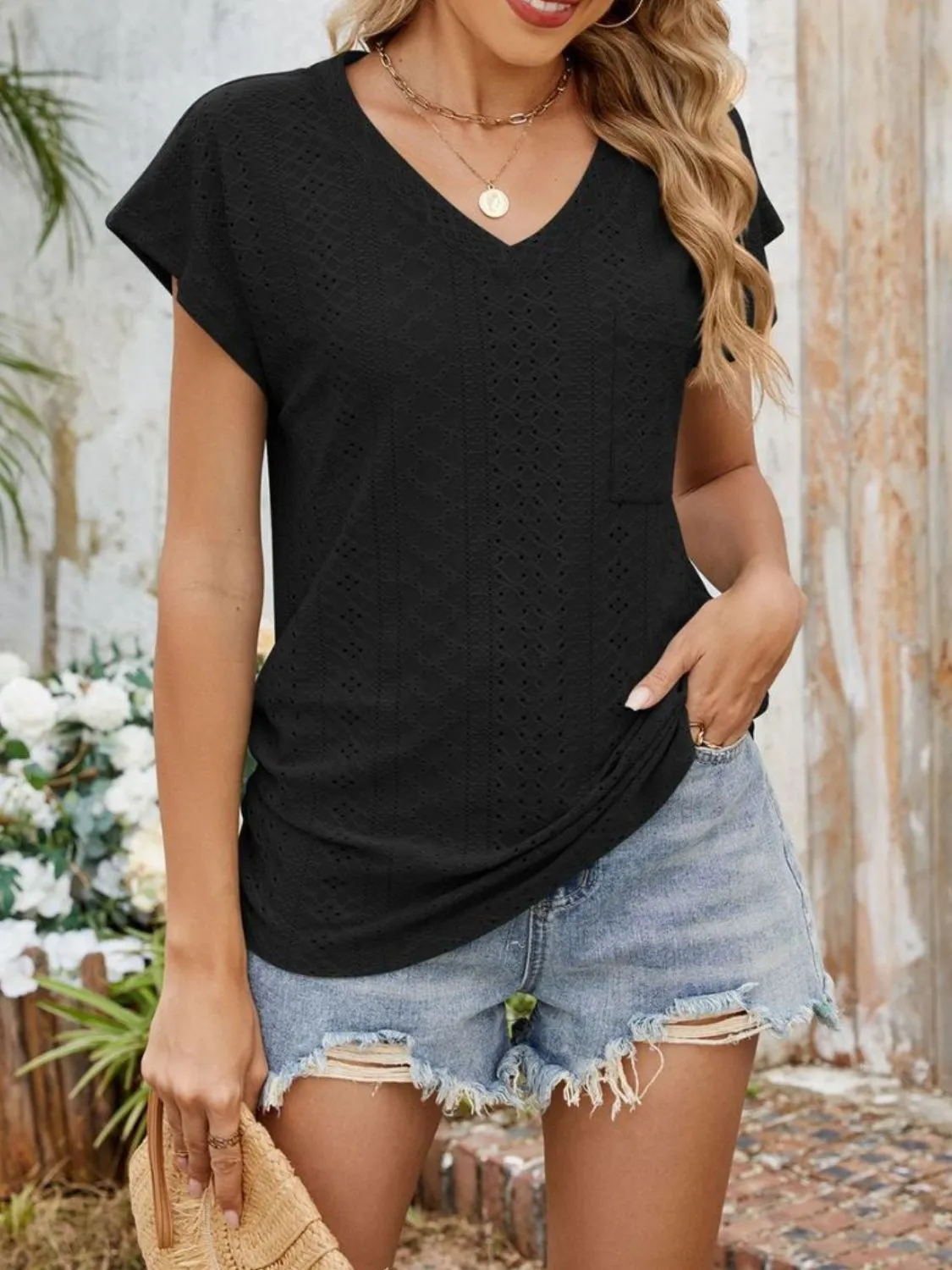Eyelet V-Neck Short Sleeve Top - Image 30