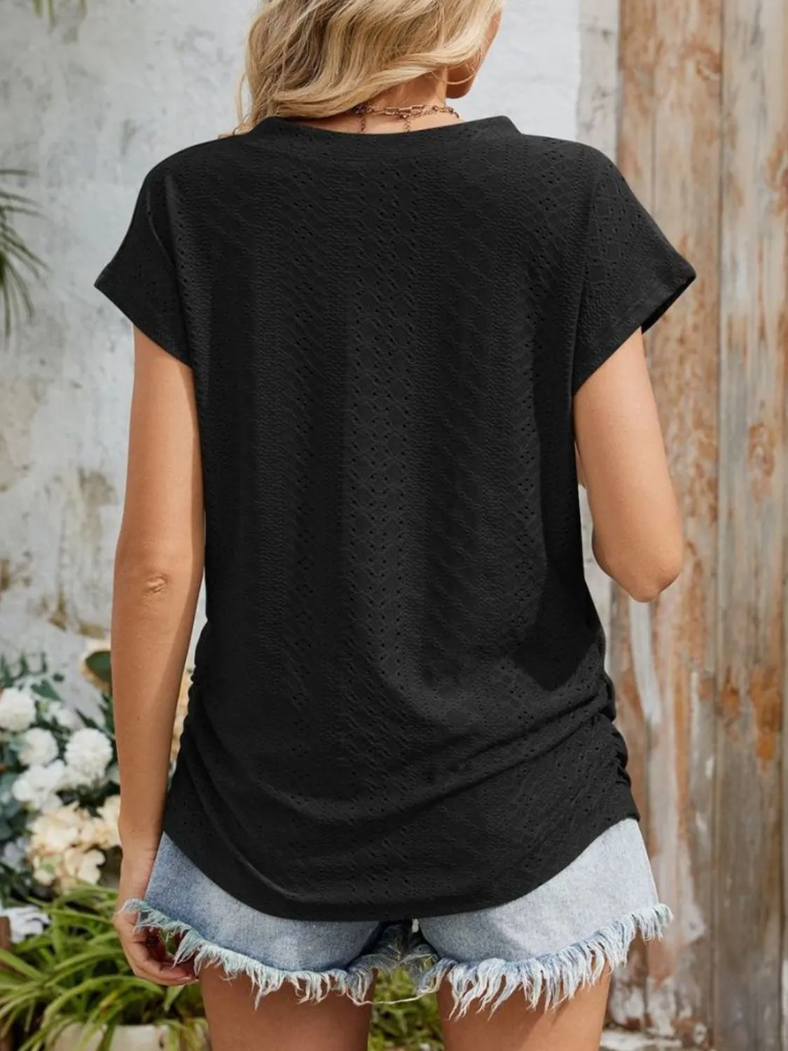 Eyelet V-Neck Short Sleeve Top - Image 31