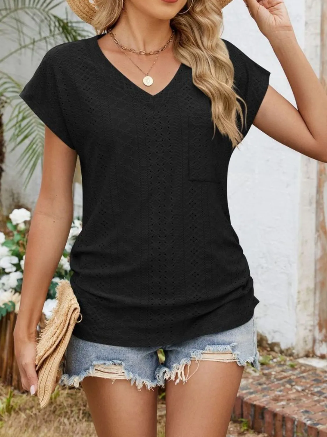 Eyelet V-Neck Short Sleeve Top - Image 32