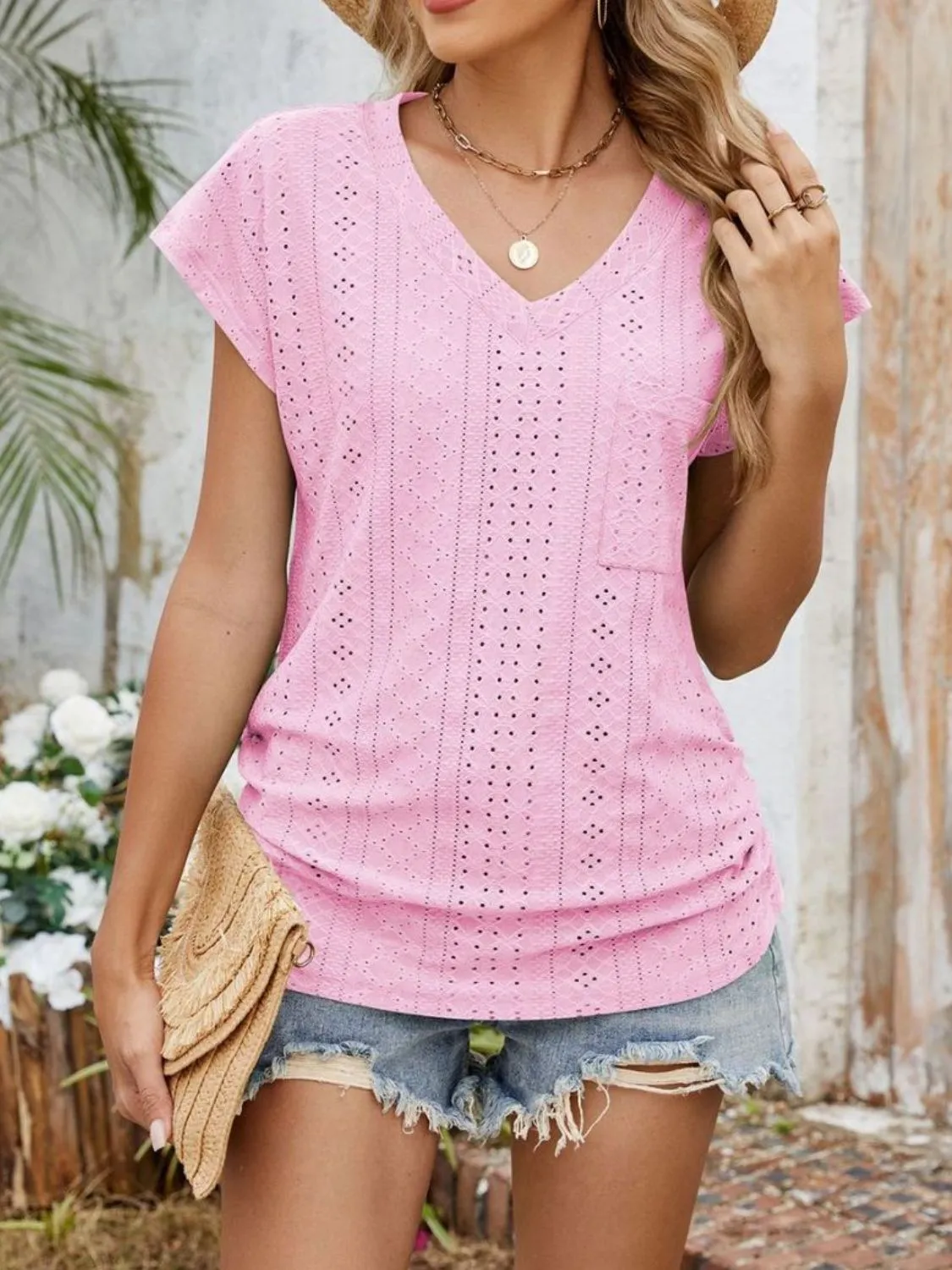 Eyelet V-Neck Short Sleeve Top - Image 34