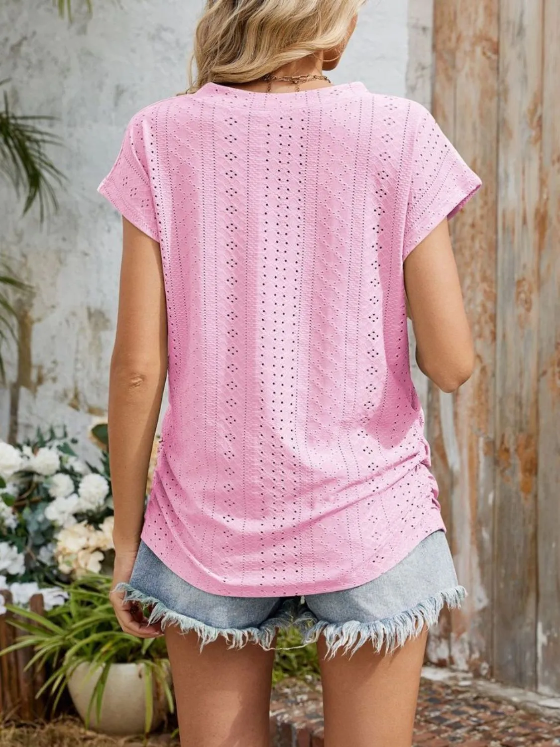 Eyelet V-Neck Short Sleeve Top - Image 36
