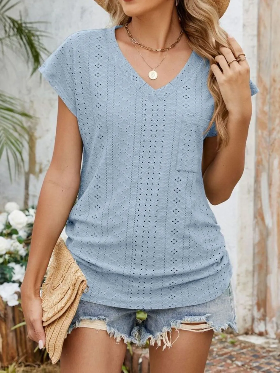 Eyelet V-Neck Short Sleeve Top - Image 8