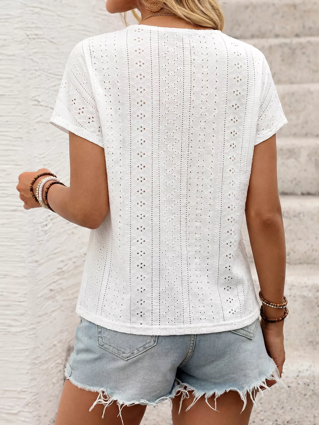 Eyelet V-Neck Short Sleeve Top - Image 6