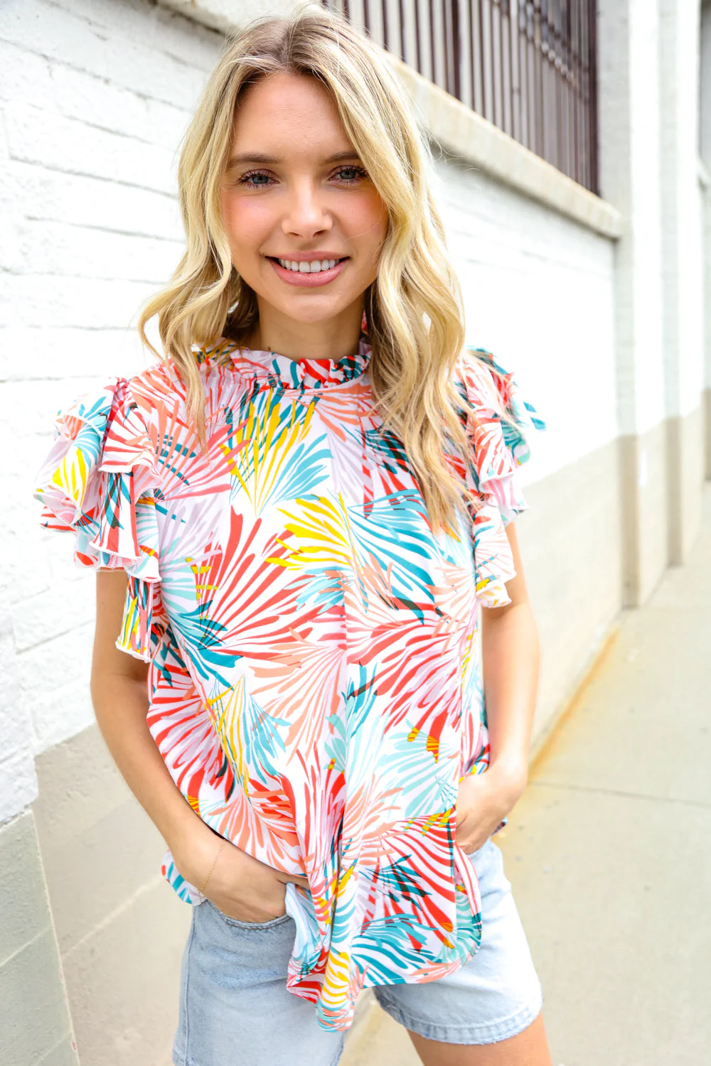 Eyes On You Ivory Abstract Print Frill Neck Double Flutter Sleeve Top - Image 12