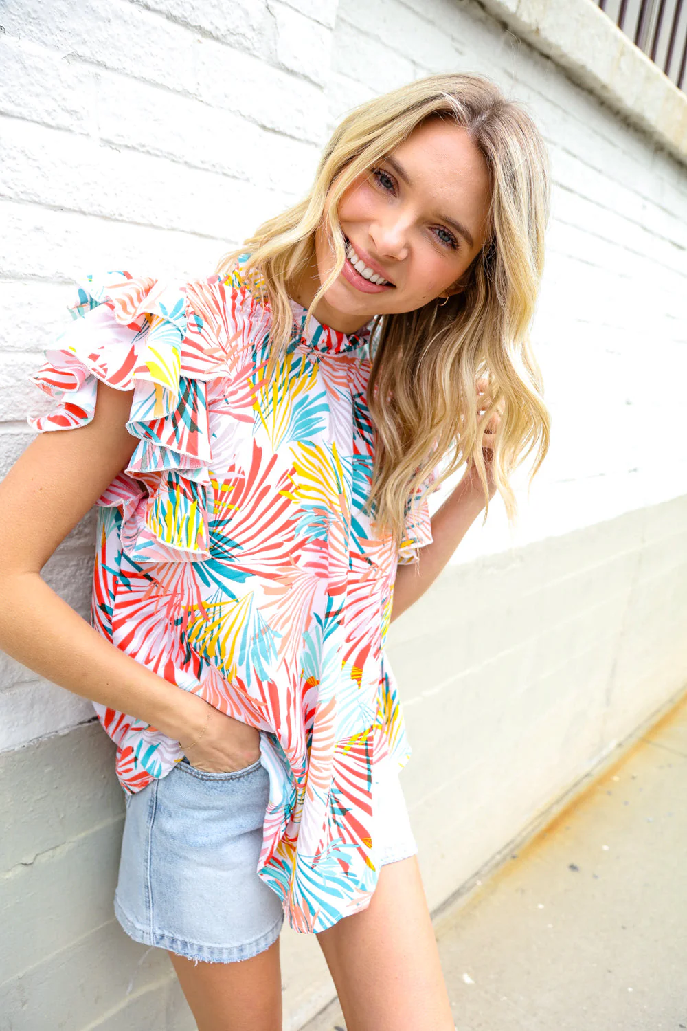 Eyes On You Ivory Abstract Print Frill Neck Double Flutter Sleeve Top - Image 13