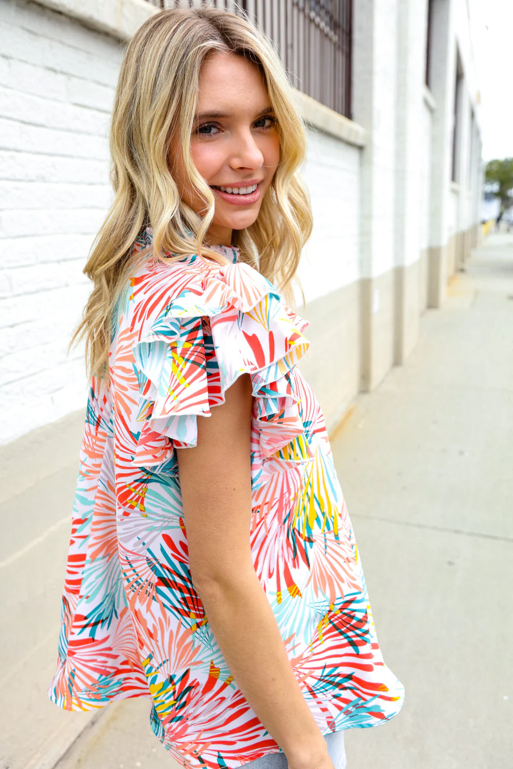 Eyes On You Ivory Abstract Print Frill Neck Double Flutter Sleeve Top - Image 9