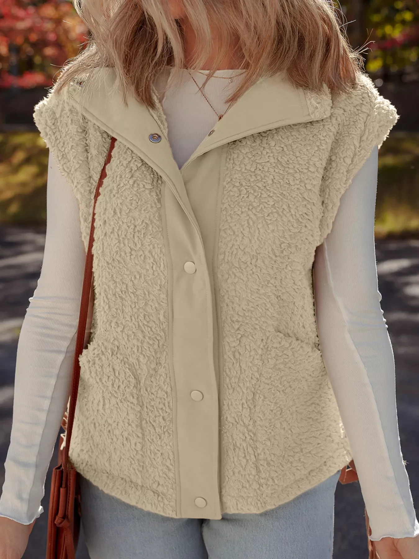 Faux Fur Snap Button Front Knot Side Plush Vest with Pockets - Image 3