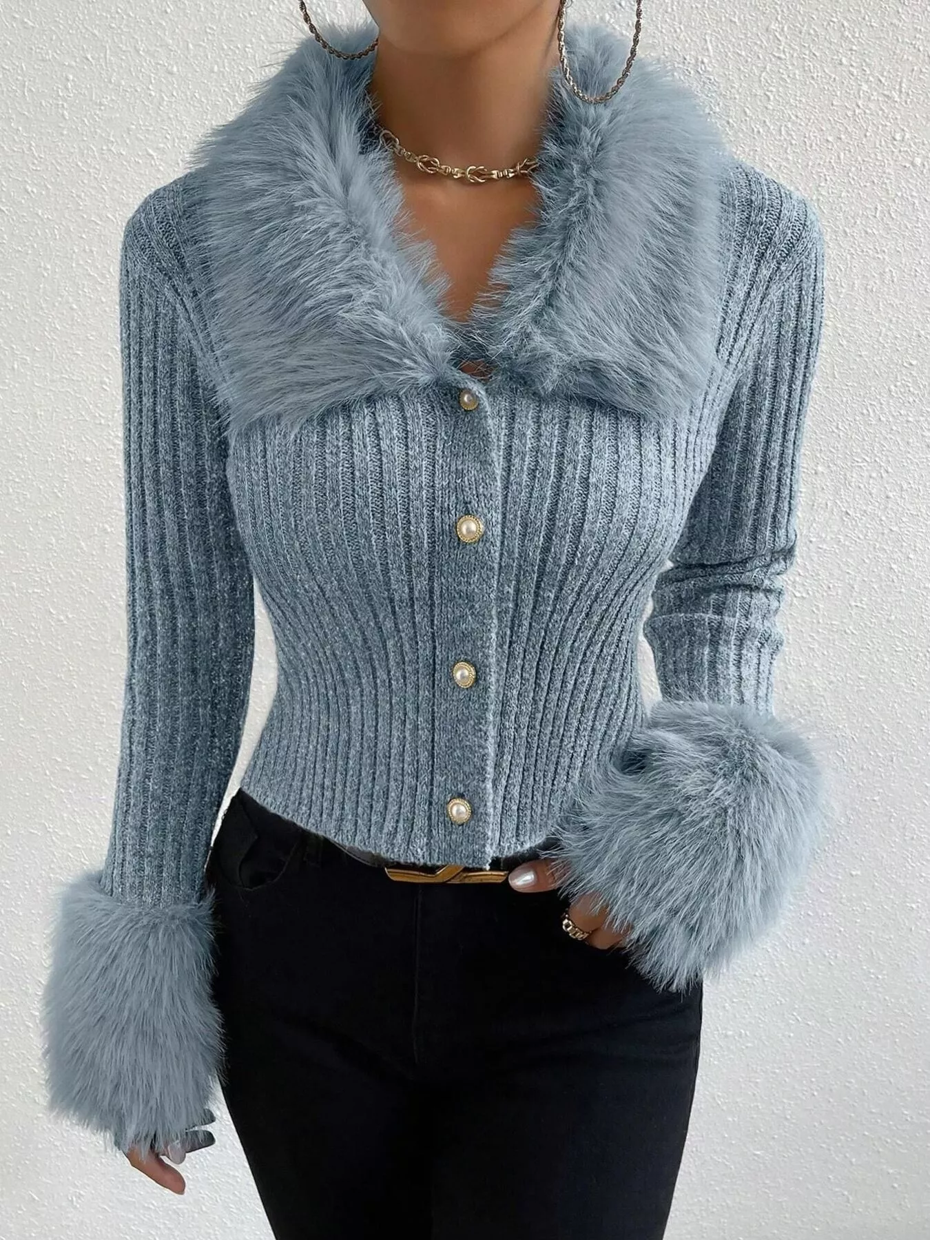Faux Fur Trim Ribbed Knit Cropped Cardigan - Image 17