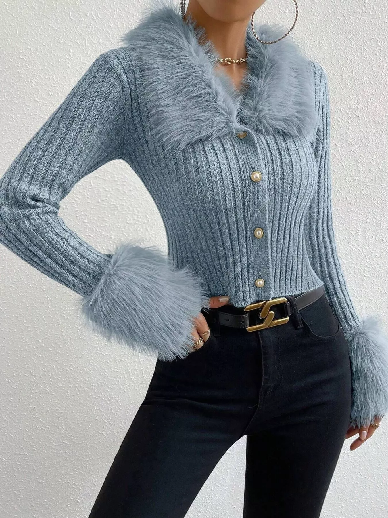 Faux Fur Trim Ribbed Knit Cropped Cardigan - Image 18