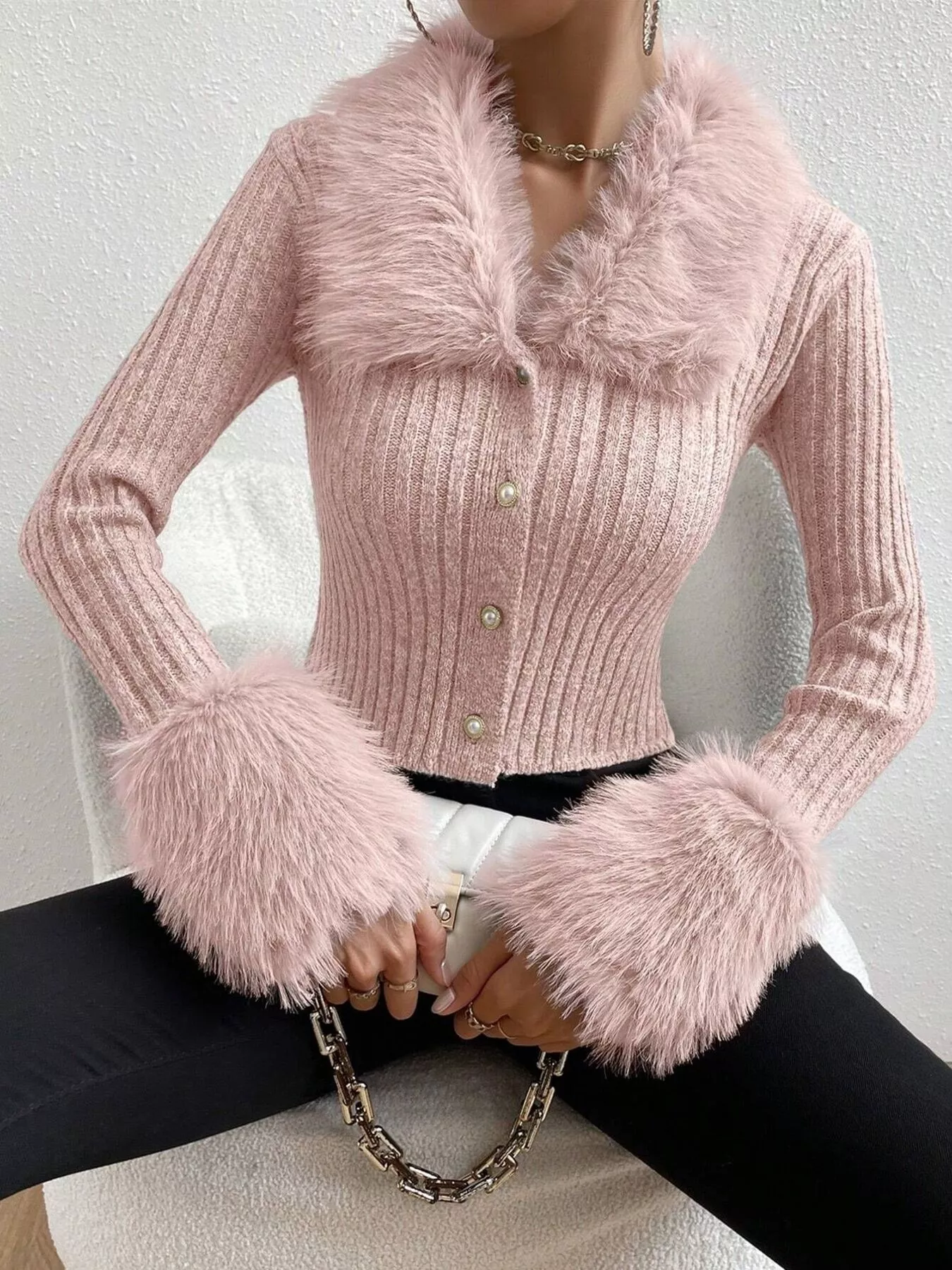 Faux Fur Trim Ribbed Knit Cropped Cardigan - Image 8