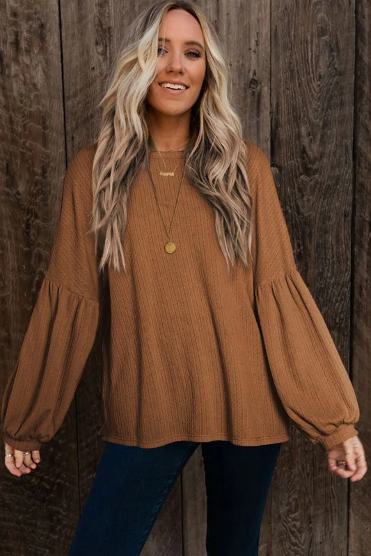 Faux Knit Jacquard Puffy Long Sleeve Top - Image 3