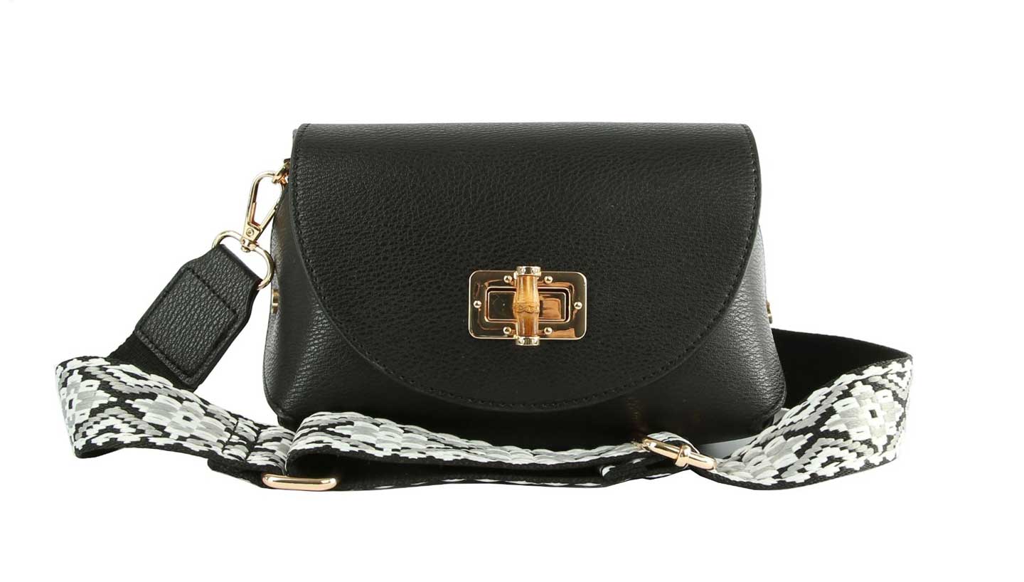 Faux Leather Guitar Strap Bamboo Twist Lock Flap Crossbody Bag - Image 2
