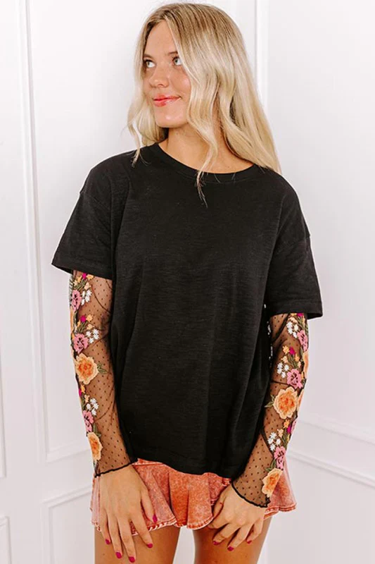 Faux Two Piece Floral Long Sleeve Patchwork Tee - Image 8