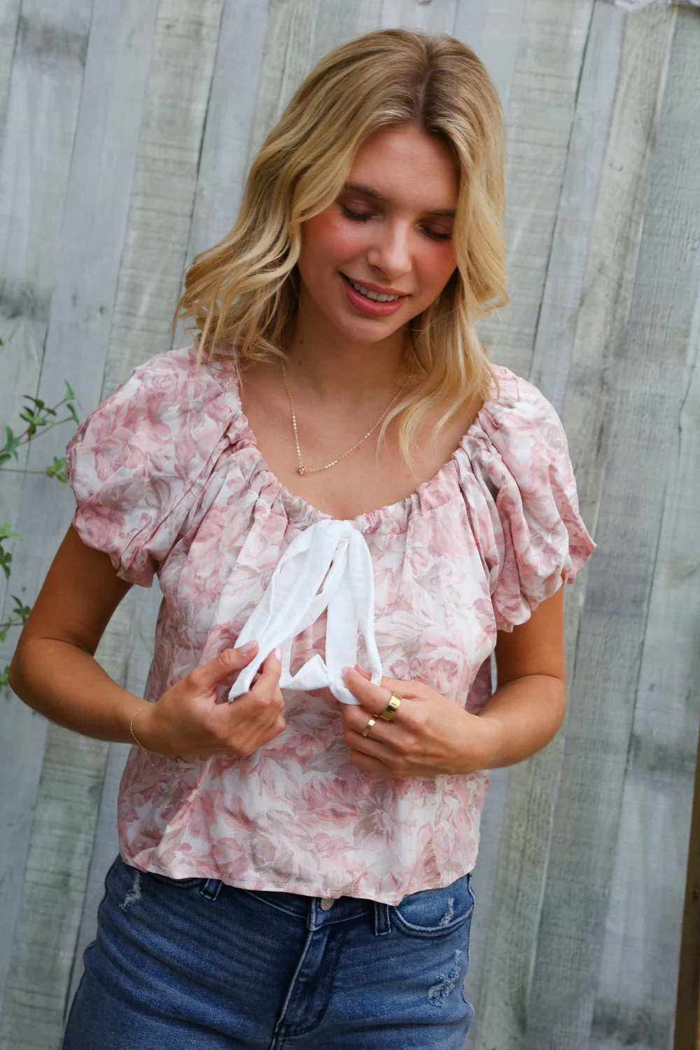 Feeling Femme' Blush Scoop Neck Floral Top w/Bow - Image 10