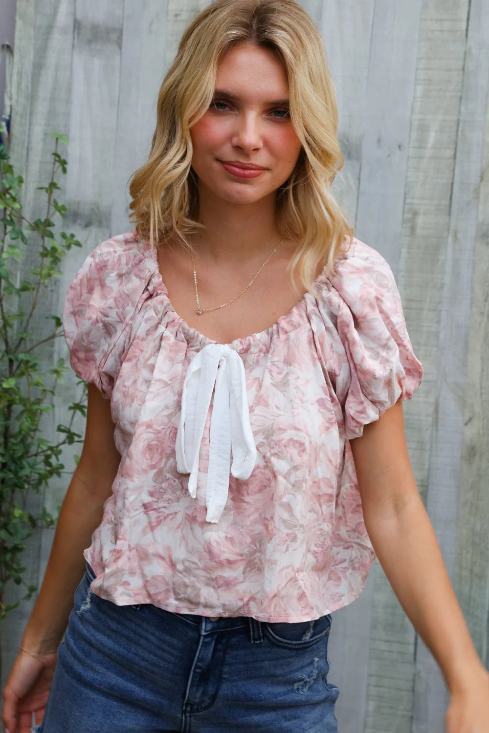 Feeling Femme' Blush Scoop Neck Floral Top w/Bow - Image 11