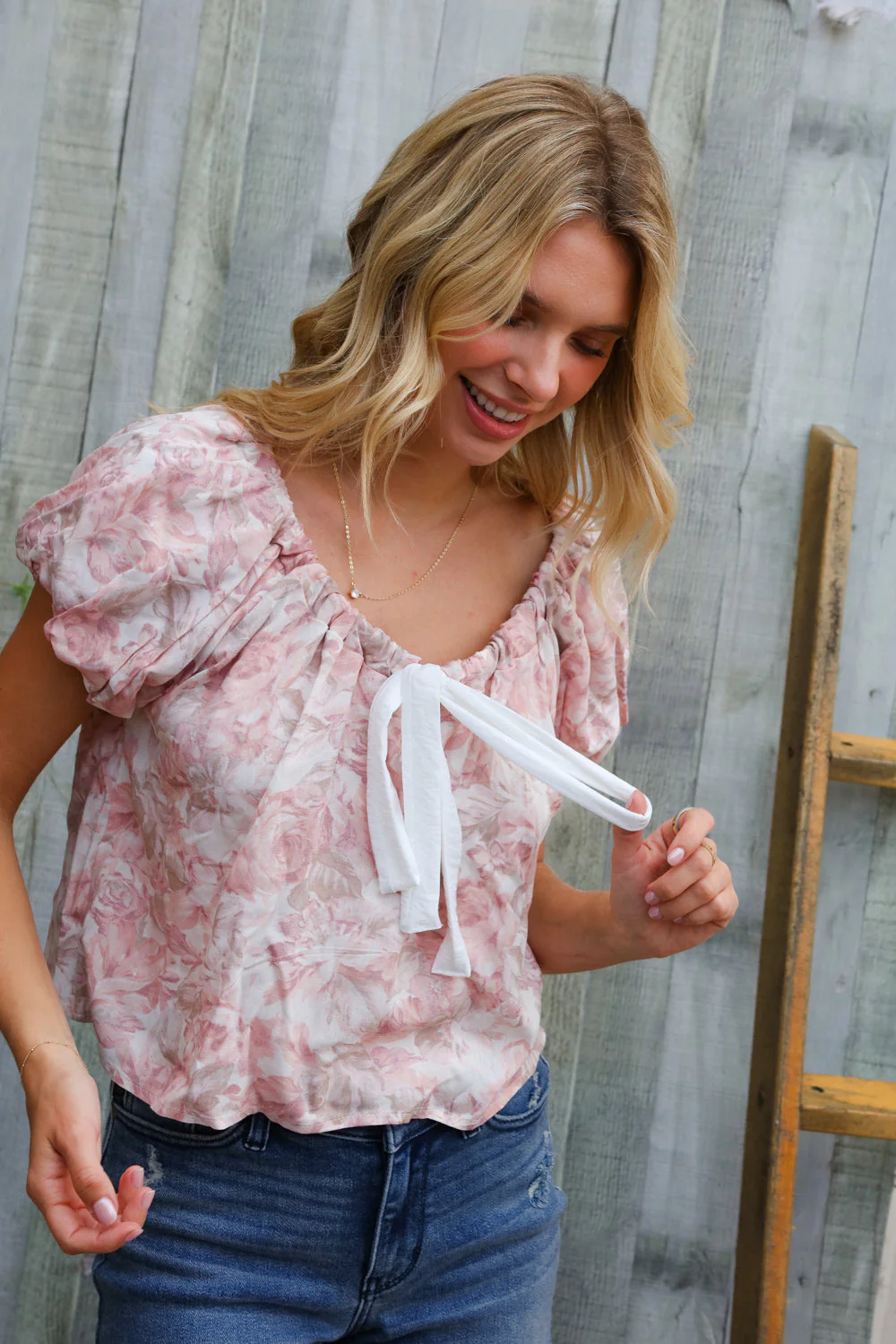 Feeling Femme' Blush Scoop Neck Floral Top w/Bow - Image 13