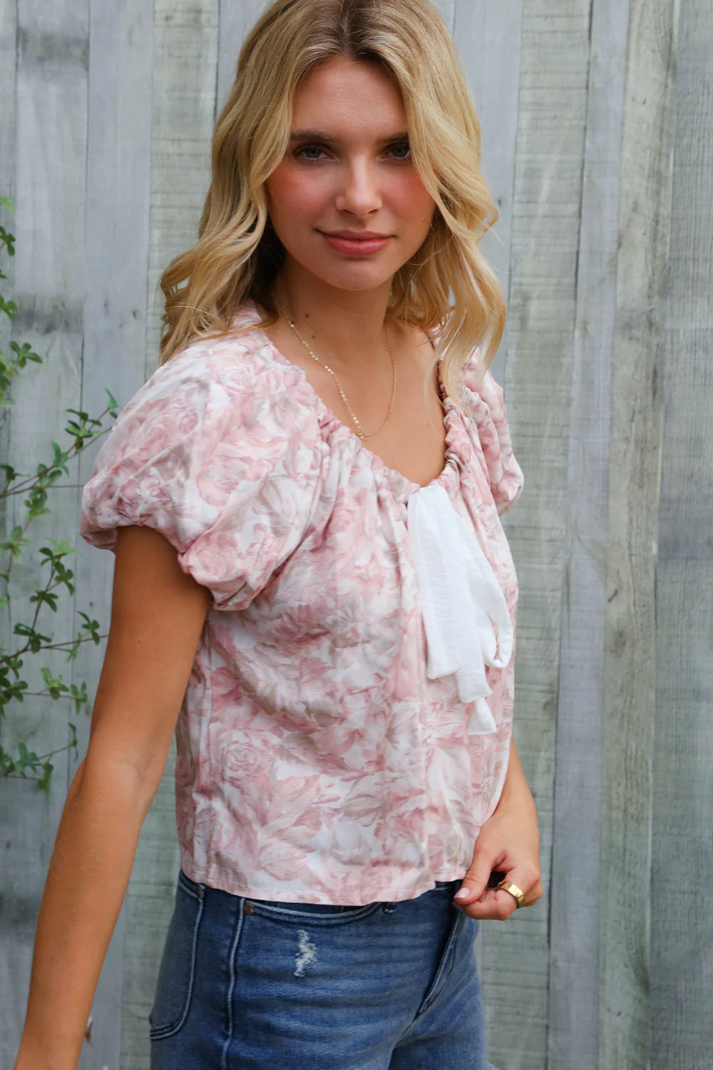 Feeling Femme' Blush Scoop Neck Floral Top w/Bow - Image 14