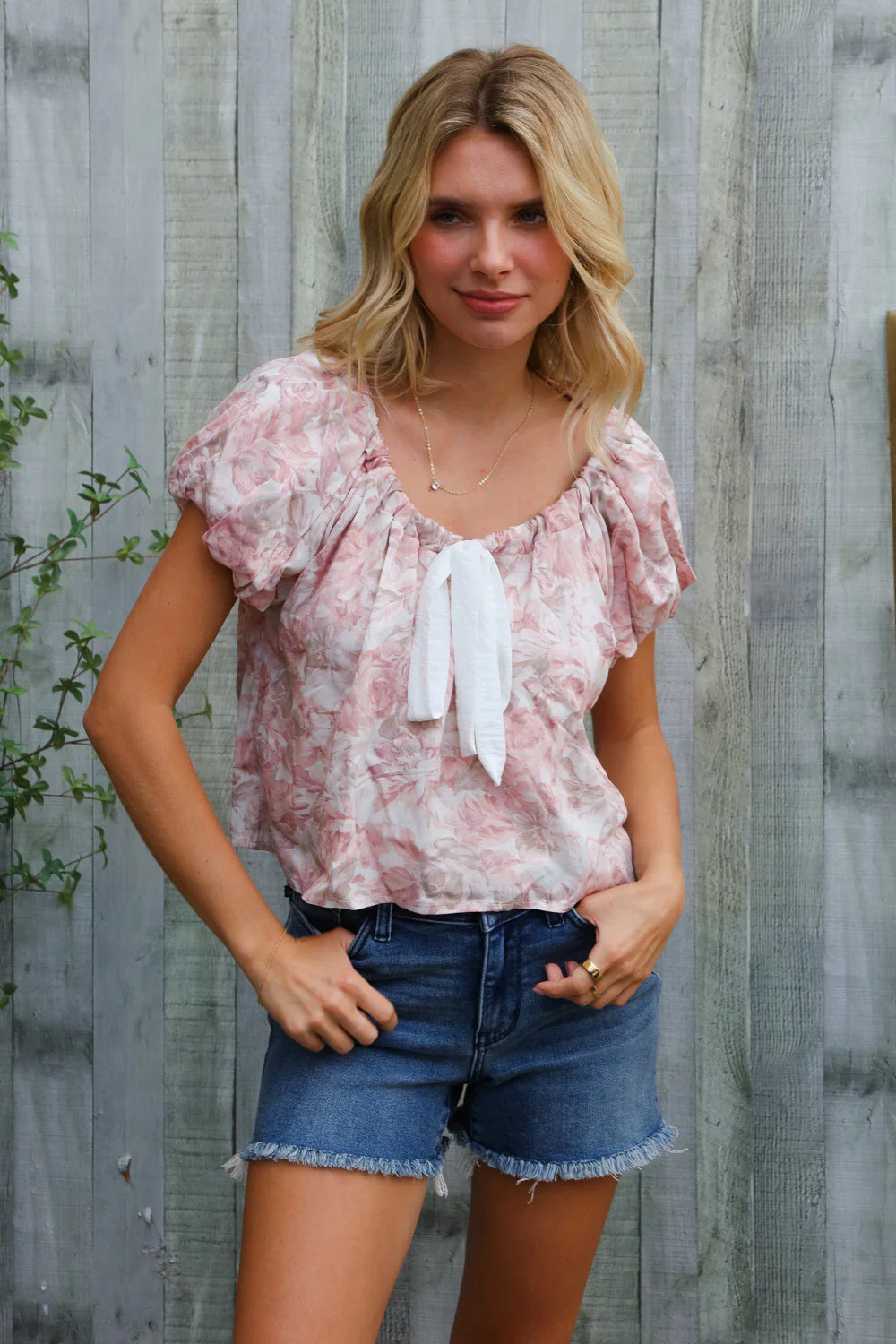 Feeling Femme' Blush Scoop Neck Floral Top w/Bow - Image 5