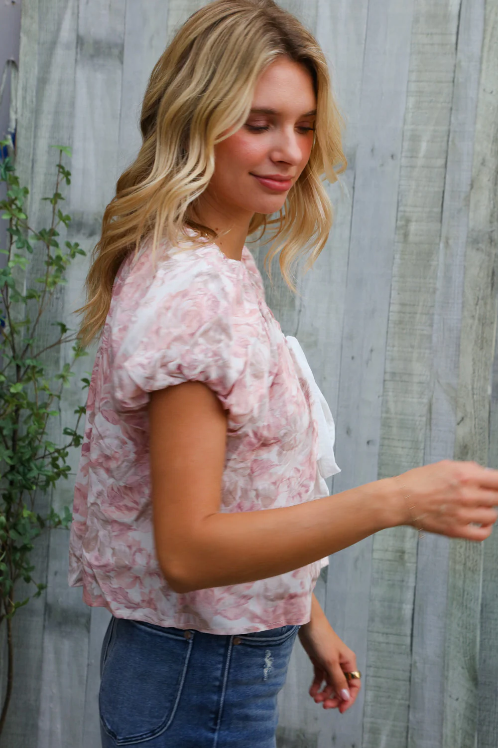 Feeling Femme' Blush Scoop Neck Floral Top w/Bow - Image 7