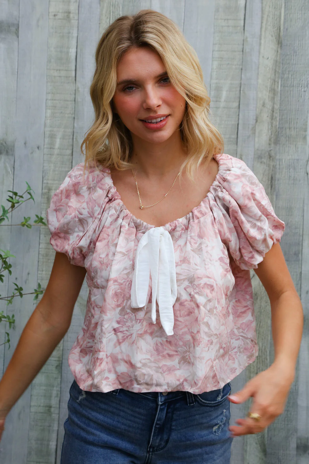 Feeling Femme' Blush Scoop Neck Floral Top w/Bow - Image 8