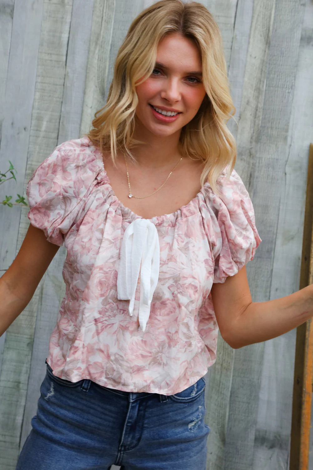 Feeling Femme' Blush Scoop Neck Floral Top w/Bow - Image 9