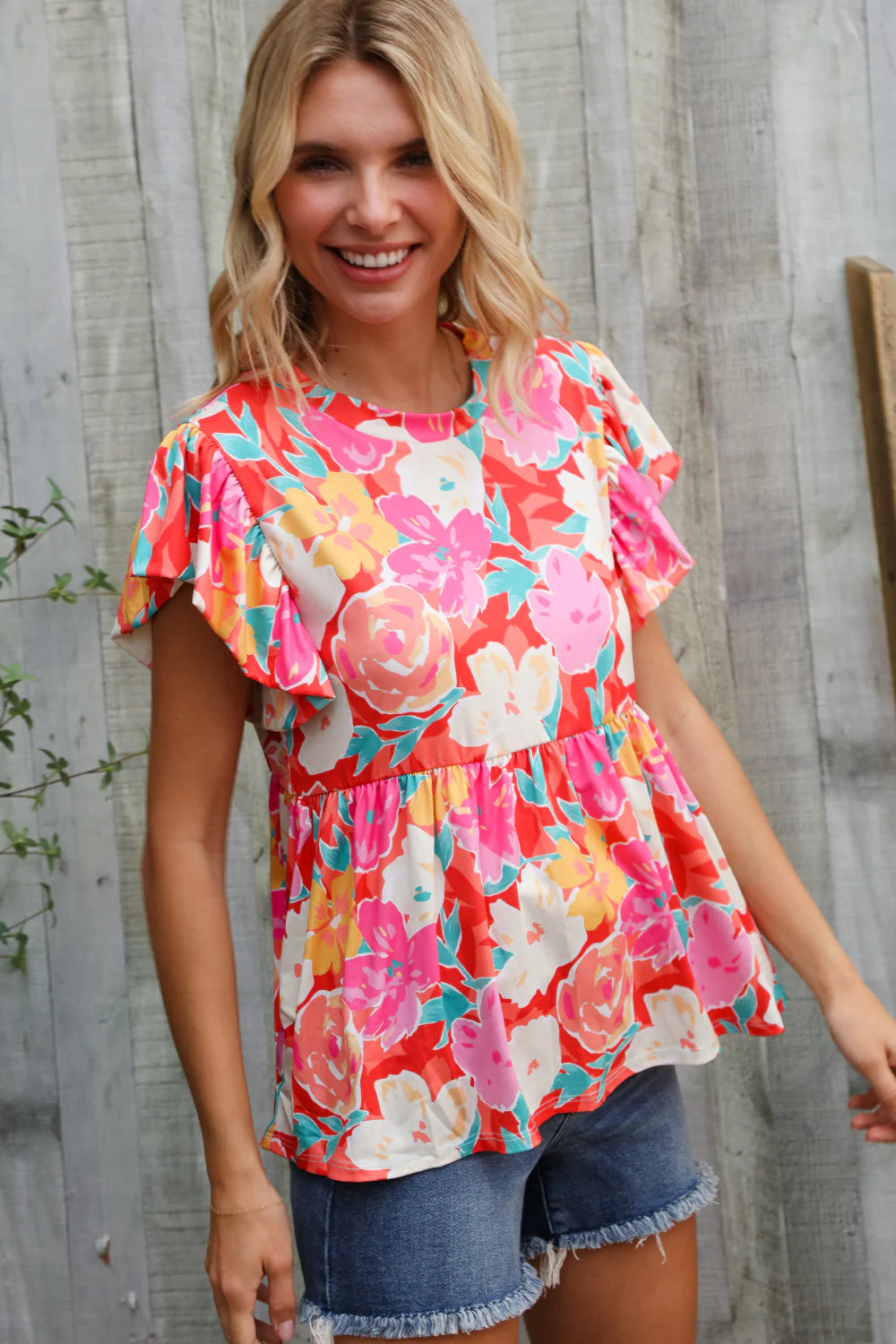 Feeling Femme' Coral Floral Print Folded Short Sleeve Babydoll Top - Image 8
