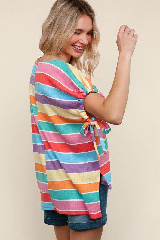 Feeling Bold Multicolor Stripe Dolman Bow Tie Sleeve Top - Image 2