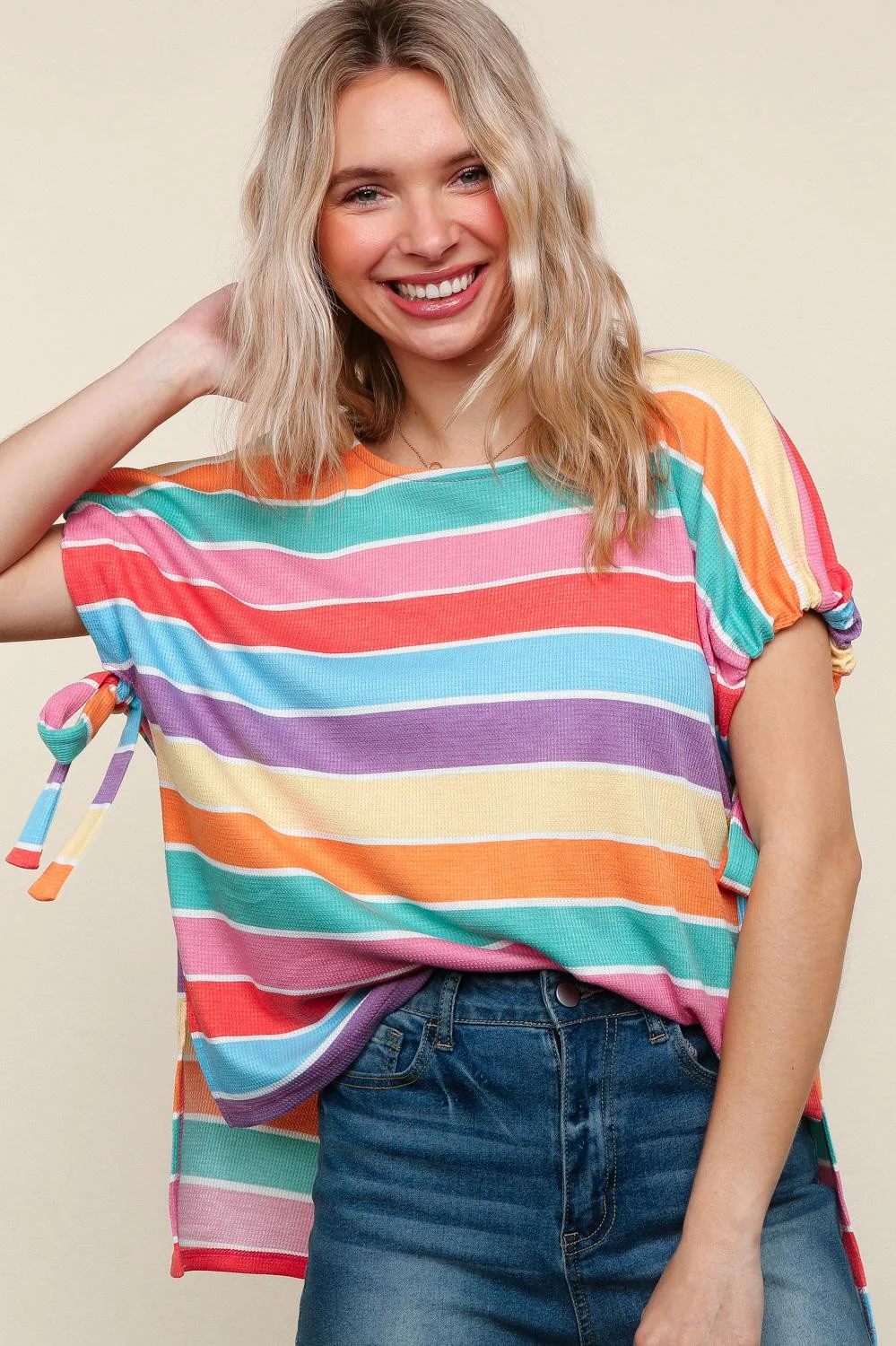Feeling Bold Multicolor Stripe Dolman Bow Tie Sleeve Top - Image 3