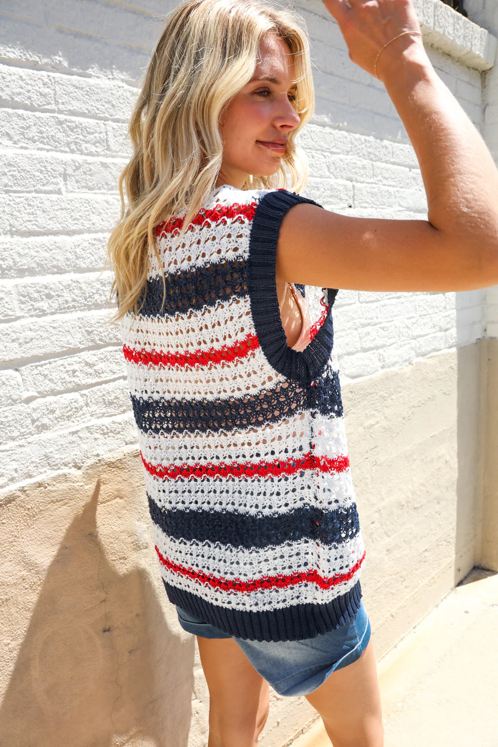 Feeling Festive Red White & Blue Striped Crochet Sweater Top - Image 10