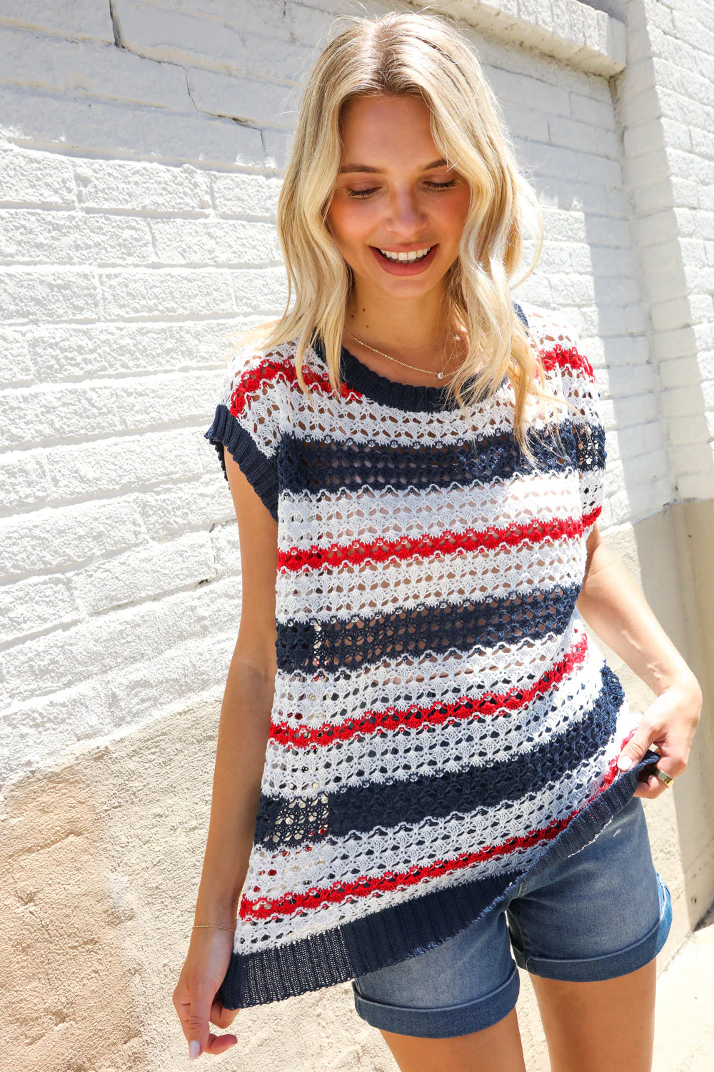 Feeling Festive Red White & Blue Striped Crochet Sweater Top - Image 5