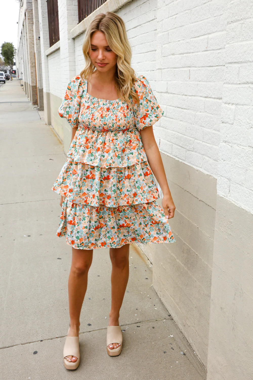 Find Love Floral Print Smocked Neck Puff Sleeve Ruffle Tiered Dress - Image 10