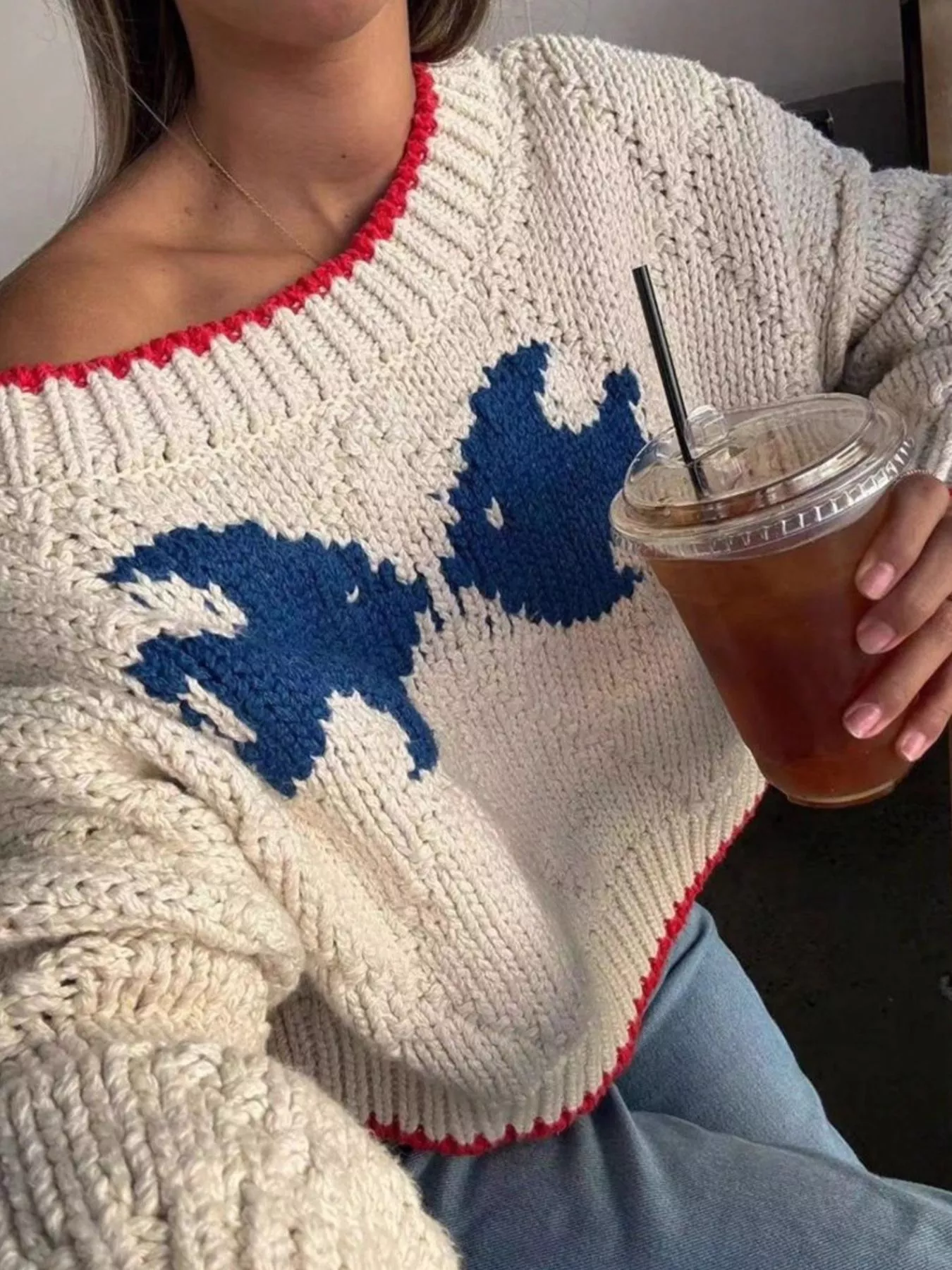 Fish Contrast Trim Round Neck Sweater - Image 4