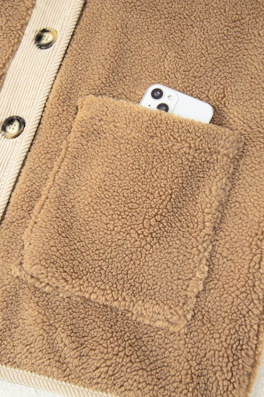 Fleece Corduroy Patchwork Button Up Jacket - Image 15