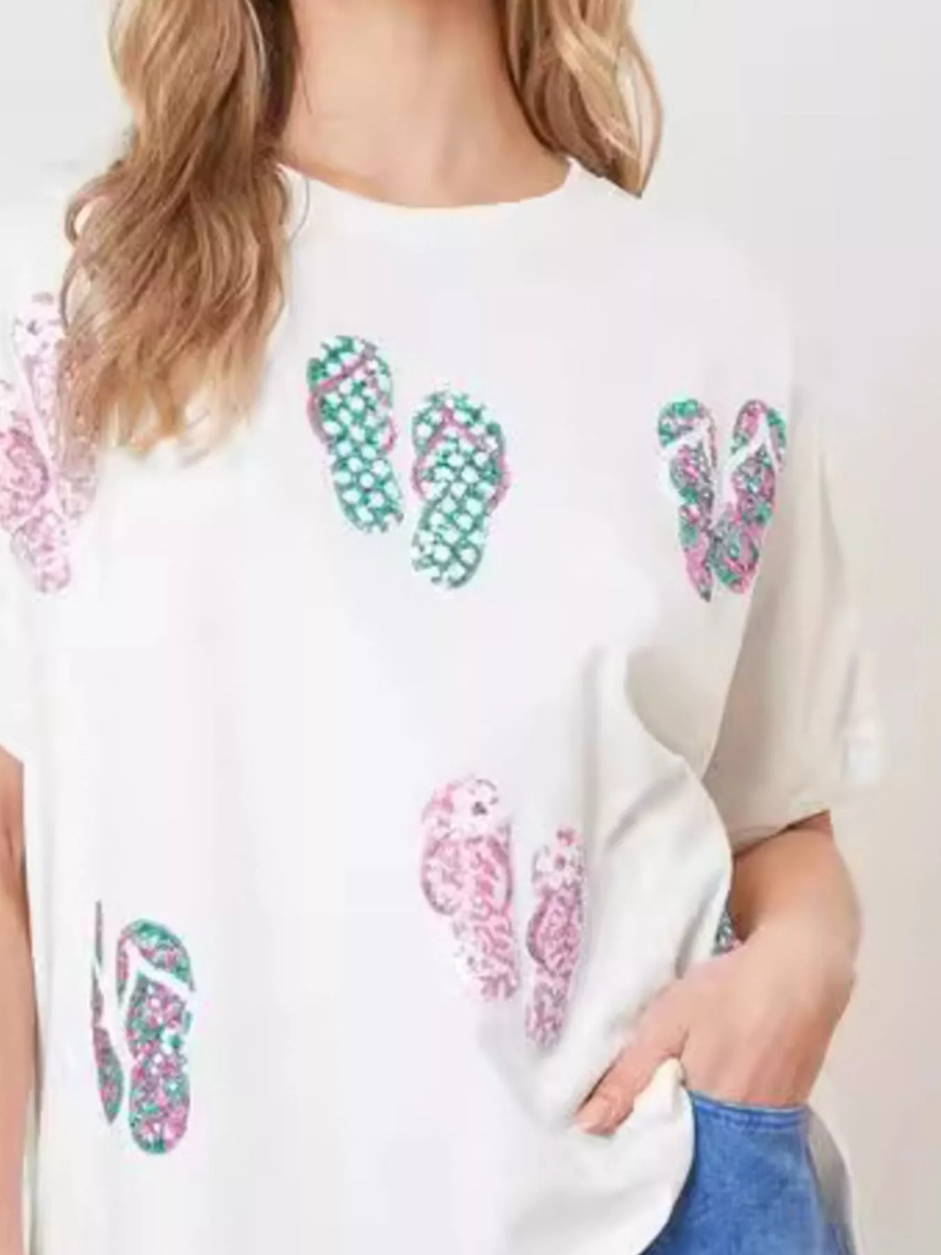 Flip-Flop Print Round Neck Casual T-Shirt - Image 2
