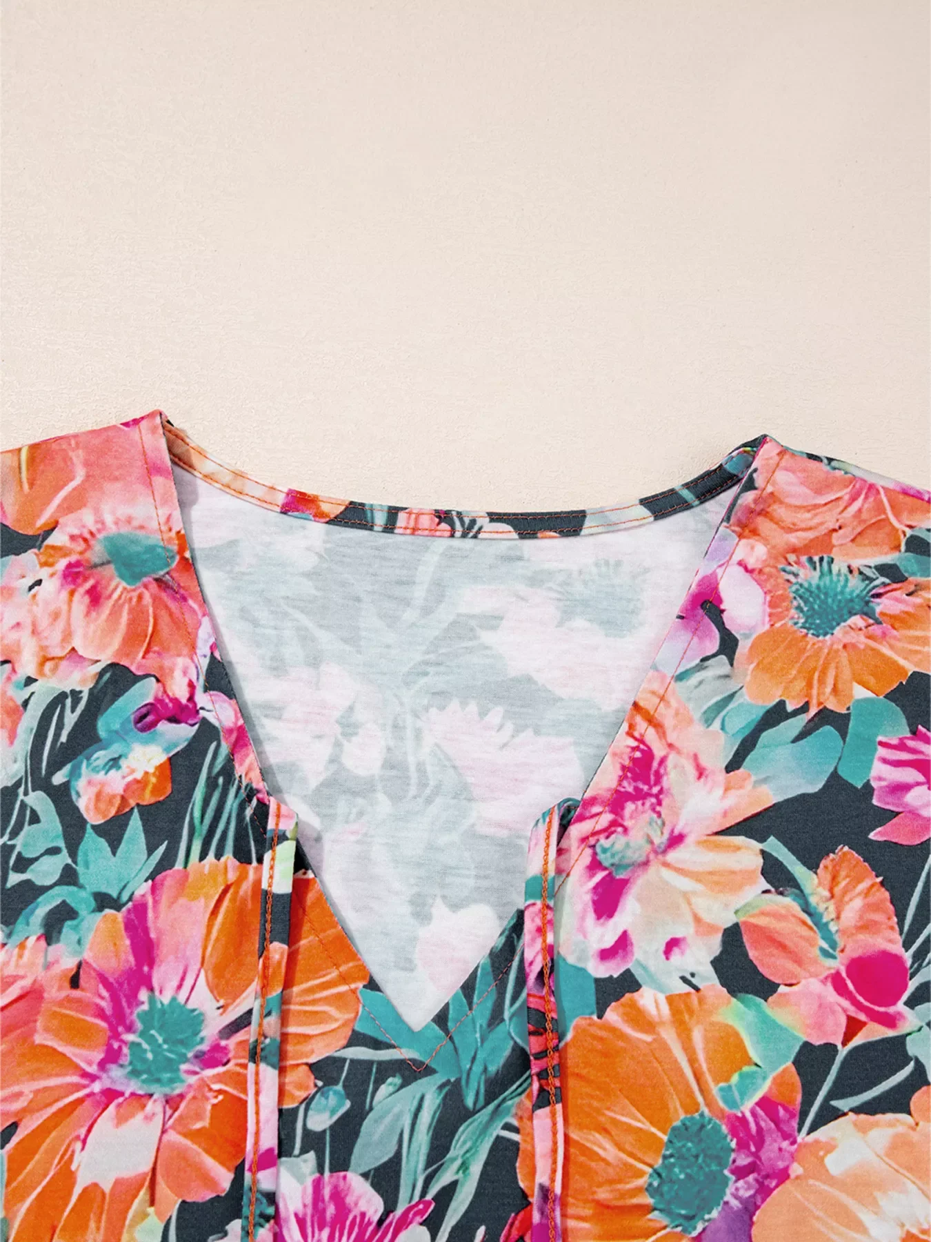 Floral 3/4 Flare Sleeve Tied Neck Blouse - Image 4