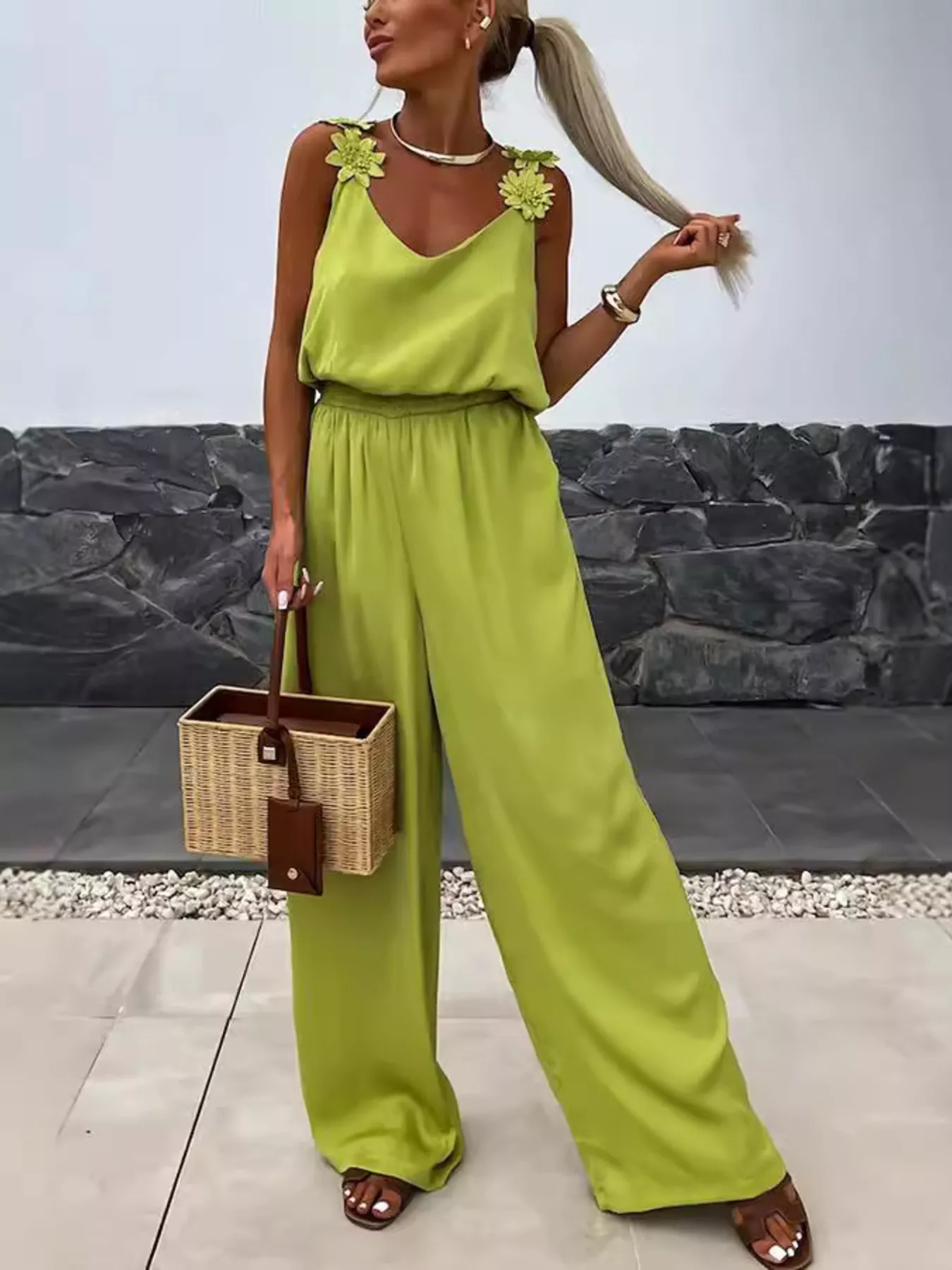 Floral Applique V-Neck Wide Leg Jumpsuit - Image 10