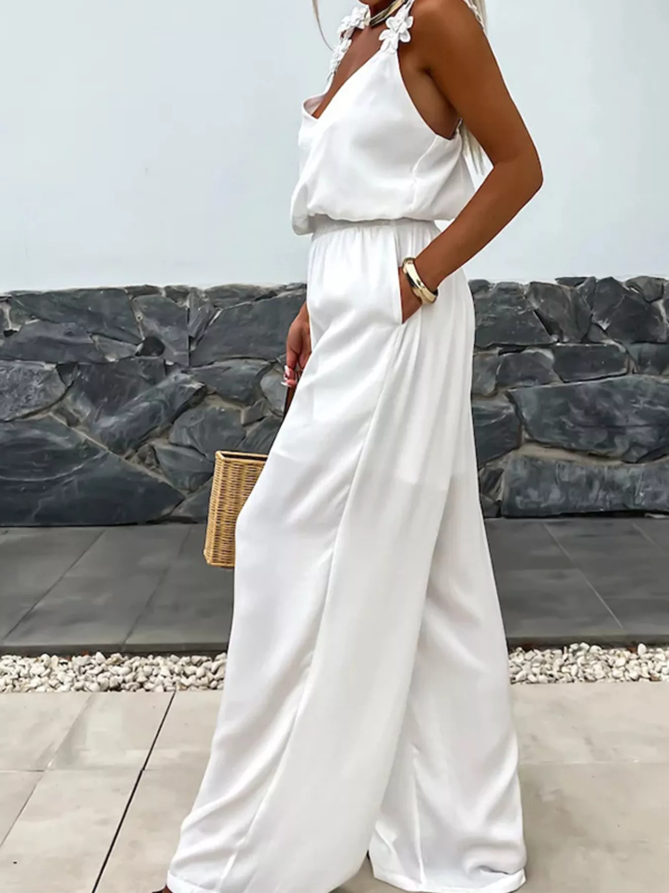 Floral Applique V-Neck Wide Leg Jumpsuit - Image 8