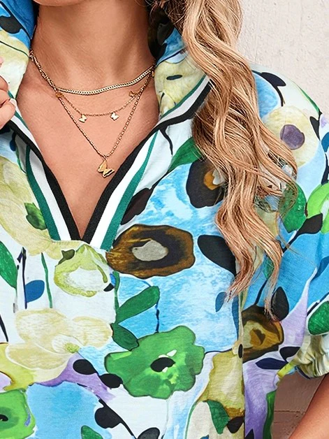 Floral Boho Shirred Bubble Viscose Stripe Blouse - Image 11