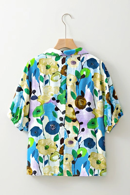 Floral Boho Shirred Bubble Viscose Stripe Blouse - Image 14