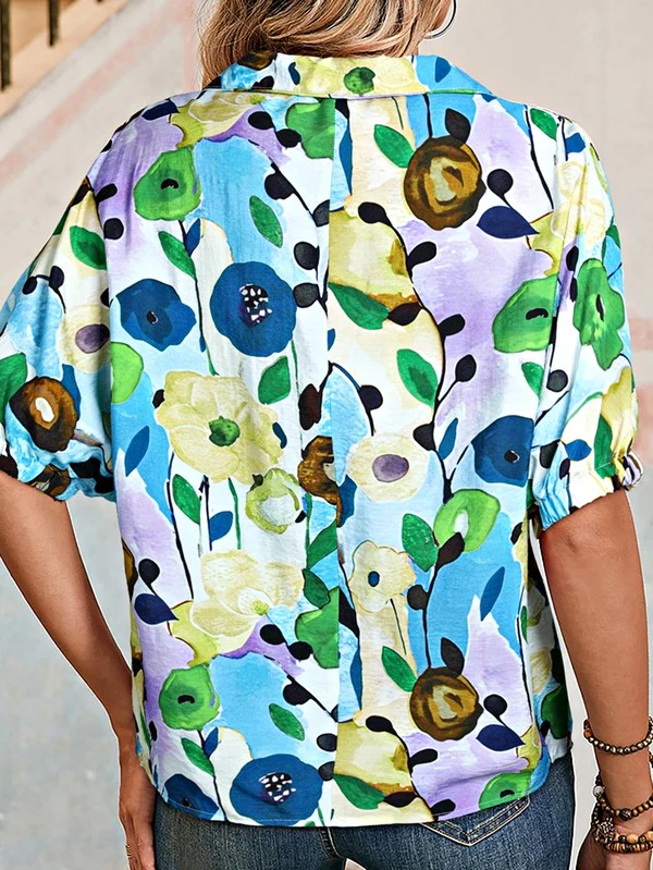 Floral Boho Shirred Bubble Viscose Stripe Blouse - Image 16