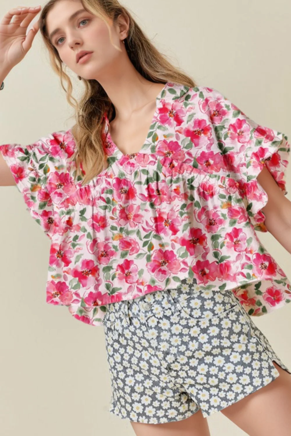 Floral Boxy Fit Ruffled Short Sleeve Blouse - Image 10