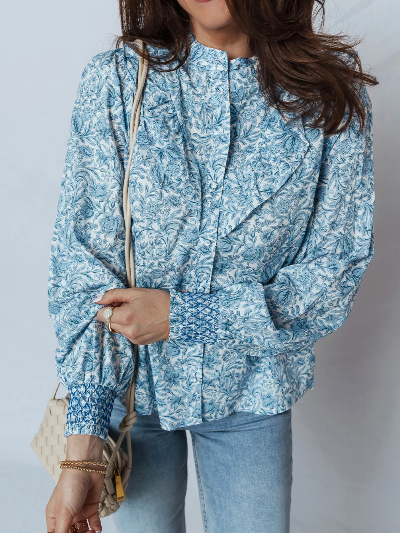 Floral Button Up Puff Sleeve Shirt - Image 4